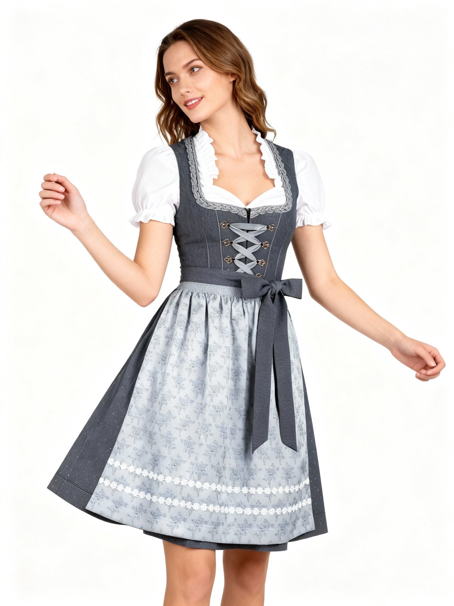 Damen Dirndl Dunkelgrau mit Schürze | Traditionelles Trachtenkleid 3