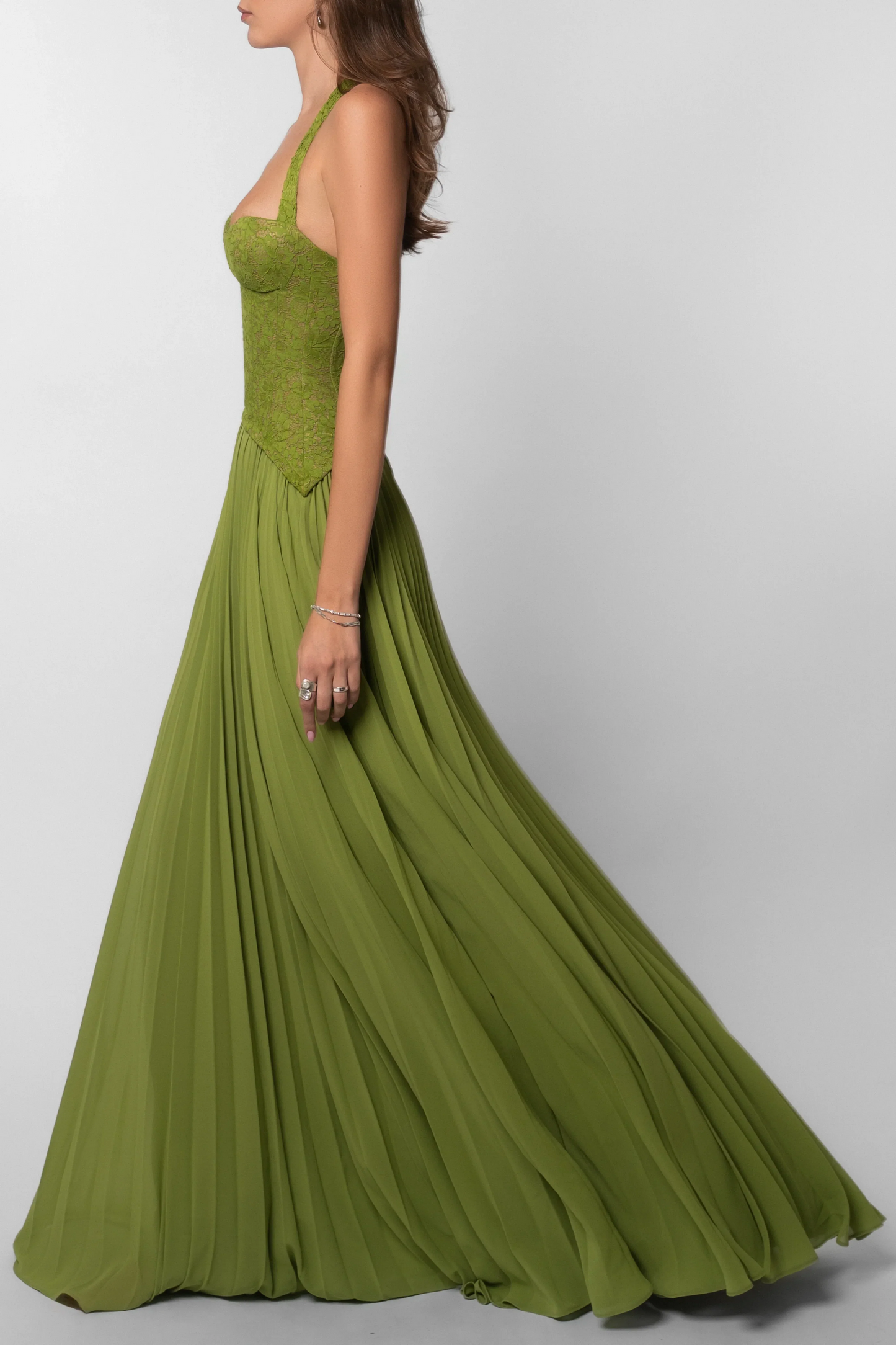 Grünes Faltenkorsettkleid Damen | Langes Abendkleid 8