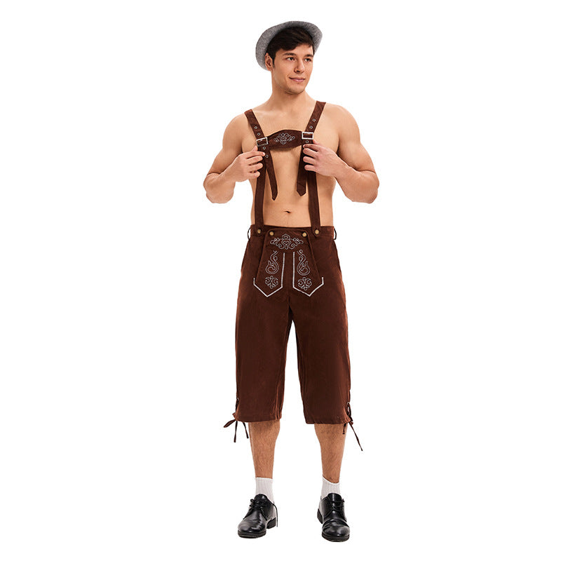 Herren Lederhose Knielang mit Besticktem Brustlatz und Verstellbaren Trägern 7