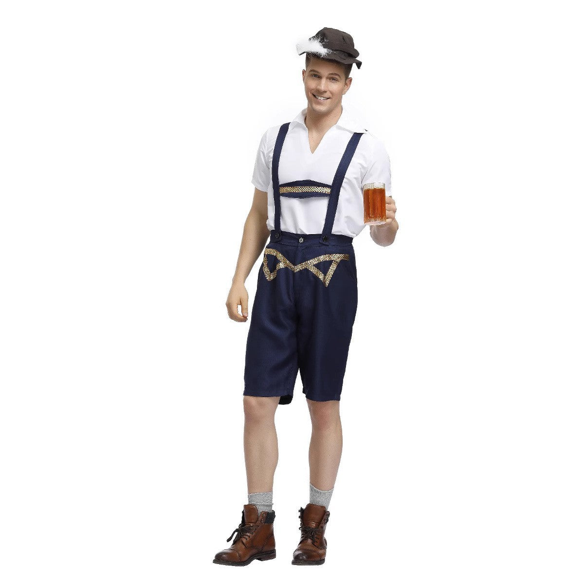 Herren Trachten Lederhose Kurz mit Verstellbaren Trägern und Zierstickerei 5