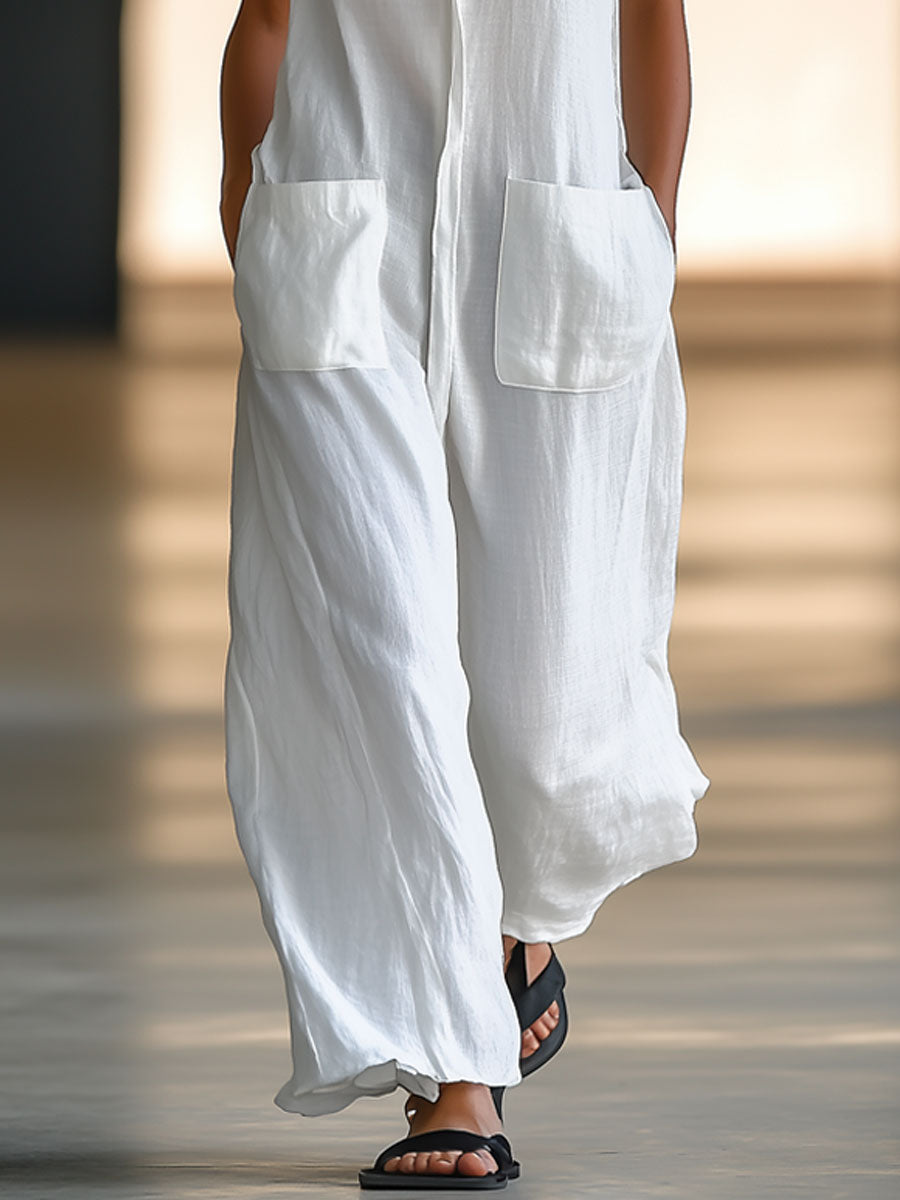 Lässiger Retro-Jumpsuit Weiß | Ärmelloser Leinen-Overall Damen 4