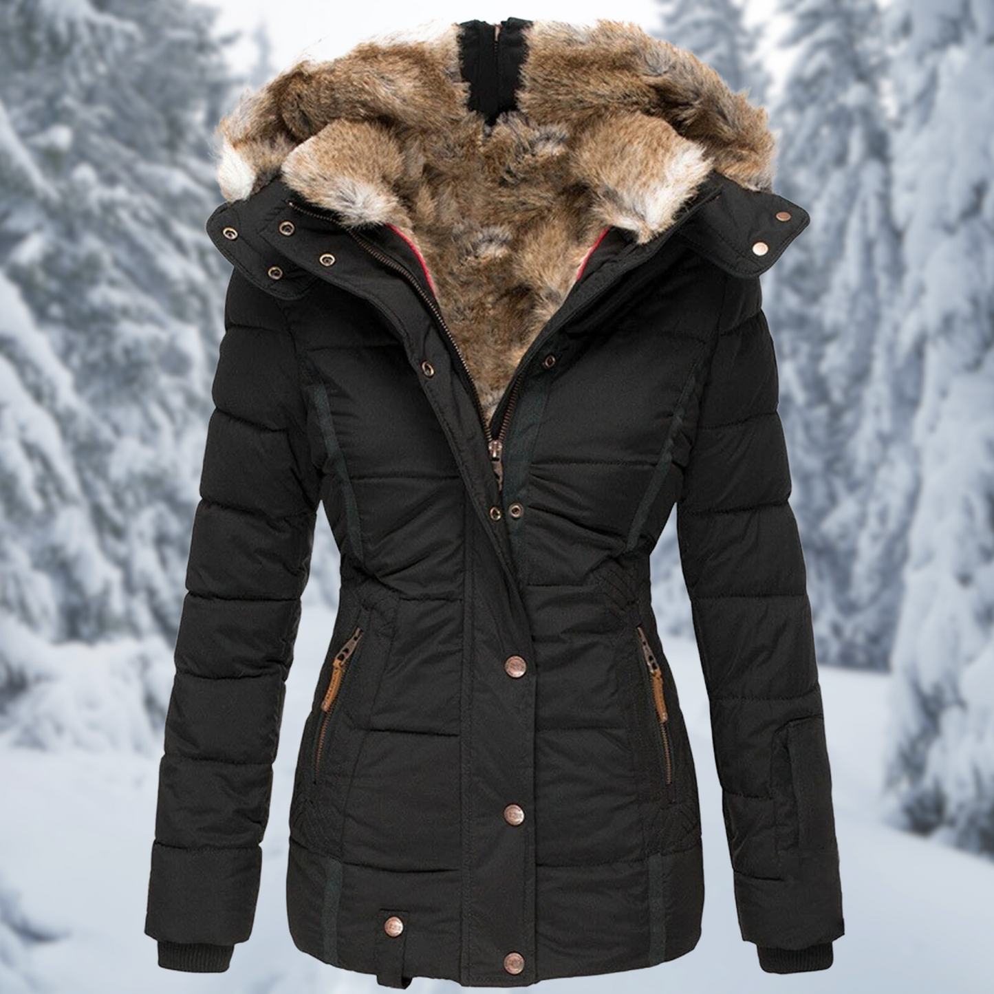 Winterjacke Damen Tailliert mit Kapuze und Reißverschlusstaschen 6