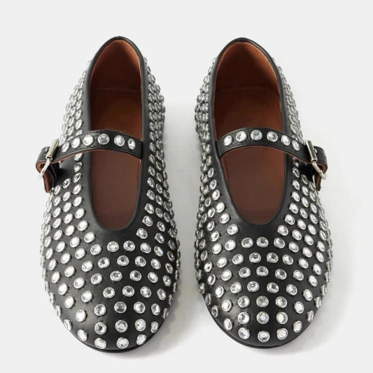 Ballerinas Damen Leder Kristallverziert mit Riemen 0