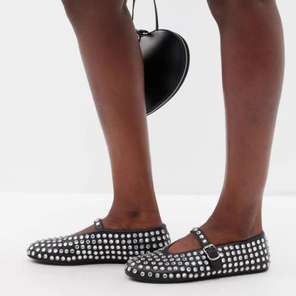 Ballerinas Damen Leder Kristallverziert mit Riemen 1