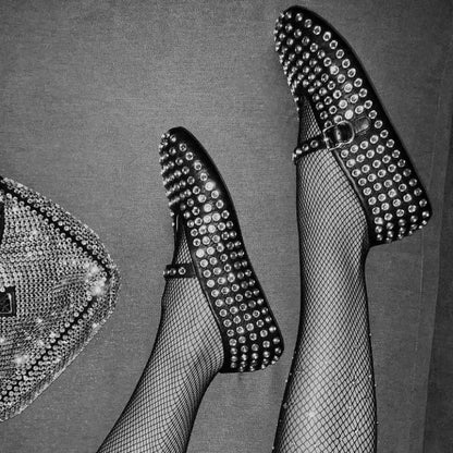 Ballerinas Damen Leder Kristallverziert mit Riemen 4
