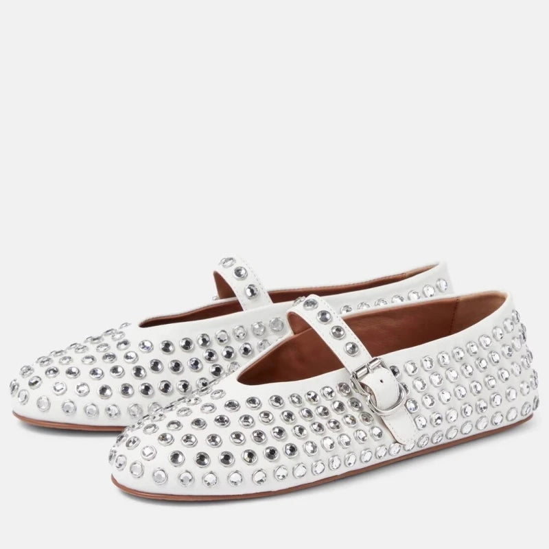 Ballerinas Damen Leder Kristallverziert mit Riemen 5