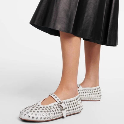 Ballerinas Damen Leder Kristallverziert mit Riemen 6