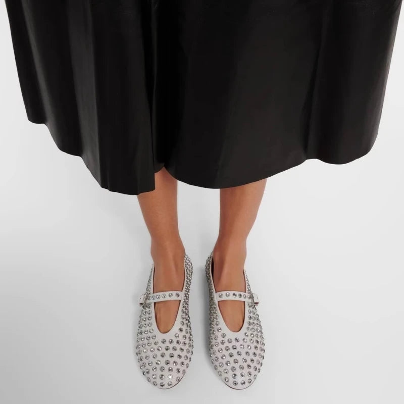 Ballerinas Damen Leder Kristallverziert mit Riemen 7