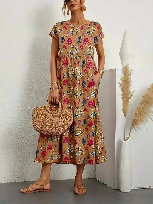 Baumwoll Midikleid Damen mit Blumendruck und Taschen 0