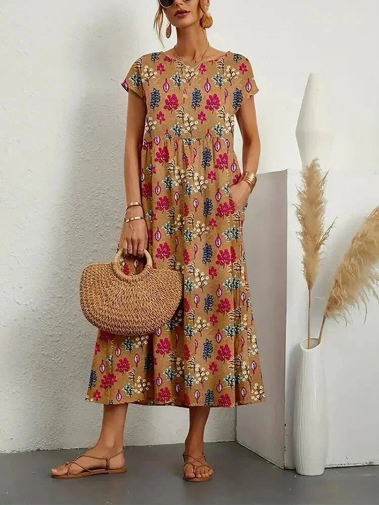 Baumwoll Midikleid Damen mit Blumendruck und Taschen 1