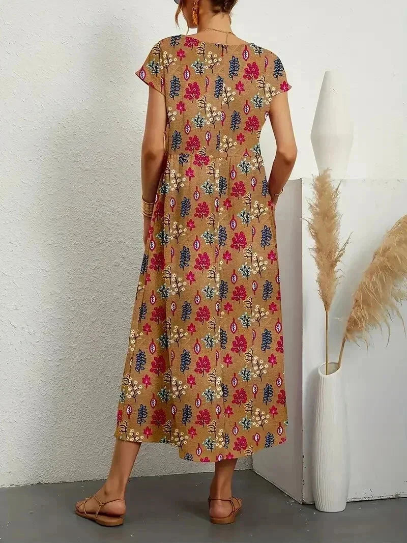 Baumwoll Midikleid Damen mit Blumendruck und Taschen 2