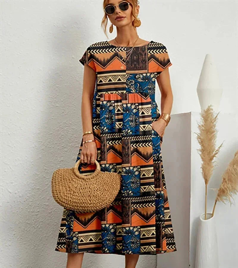 Baumwoll Midikleid Damen mit Blumendruck und Taschen 4