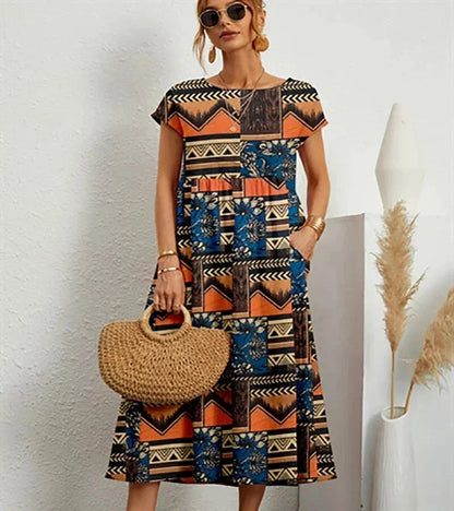 Baumwoll Midikleid Damen mit Blumendruck und Taschen 4