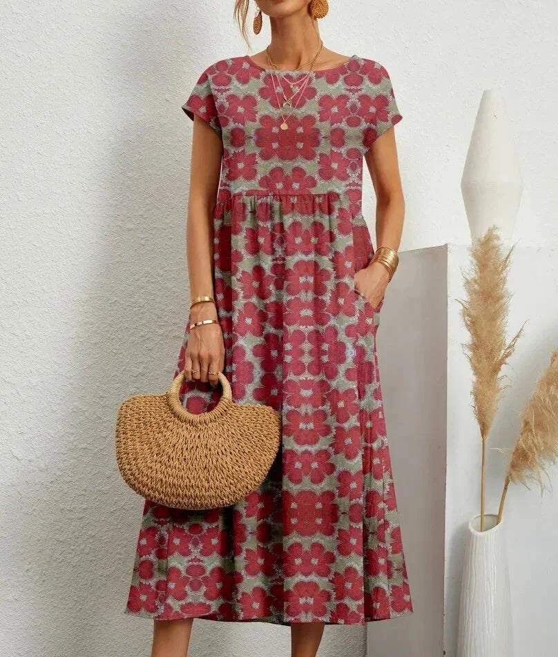 Baumwoll Midikleid Damen mit Blumendruck und Taschen 7