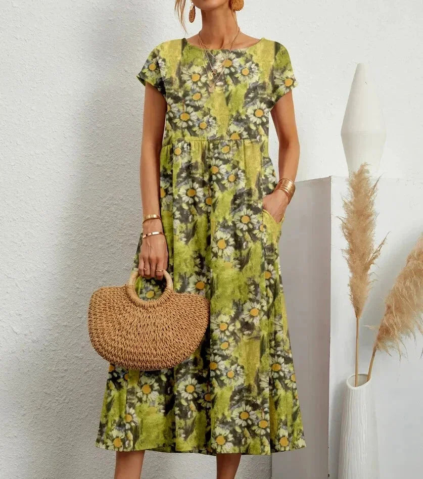 Baumwoll Midikleid Damen mit Blumendruck und Taschen 8