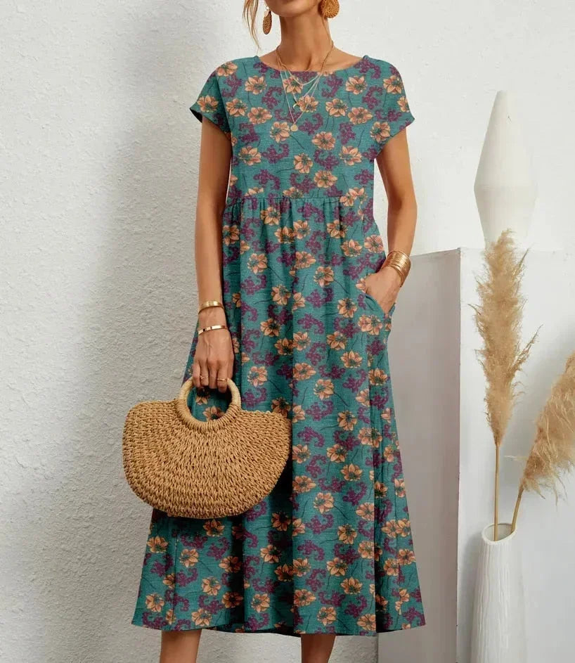 Baumwoll Midikleid Damen mit Blumendruck und Taschen 9