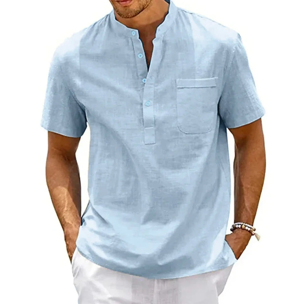 Baumwolle Leinen Henley Hemd Herren | Kurzarm Vintage Hemd 0