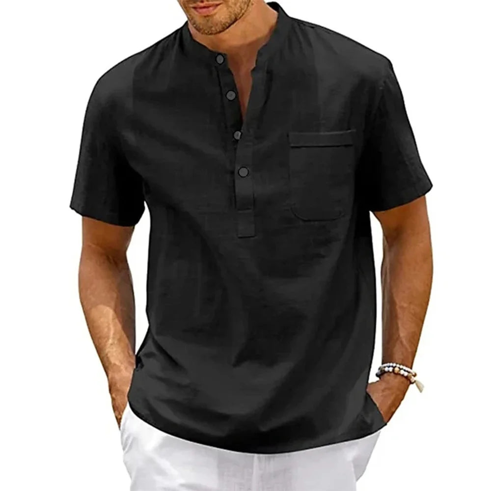 Baumwolle Leinen Henley Hemd Herren | Kurzarm Vintage Hemd 1