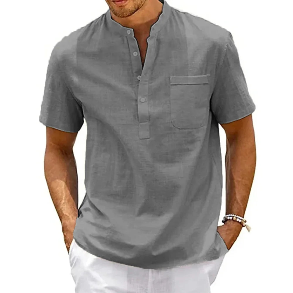 Baumwolle Leinen Henley Hemd Herren | Kurzarm Vintage Hemd 3
