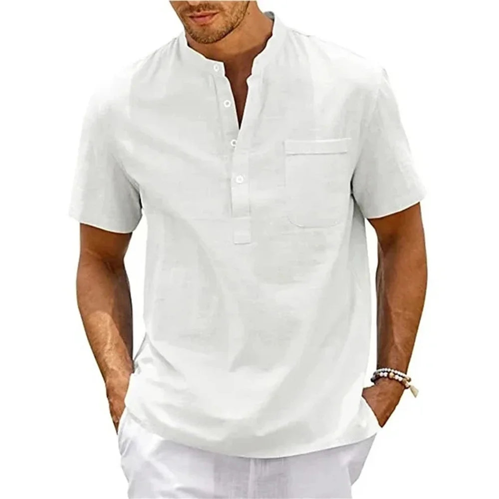 Baumwolle Leinen Henley Hemd Herren | Kurzarm Vintage Hemd 6