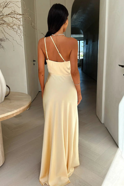 Beiges asymmetrisches Maxikleid mit Schlitz für Damen 4
