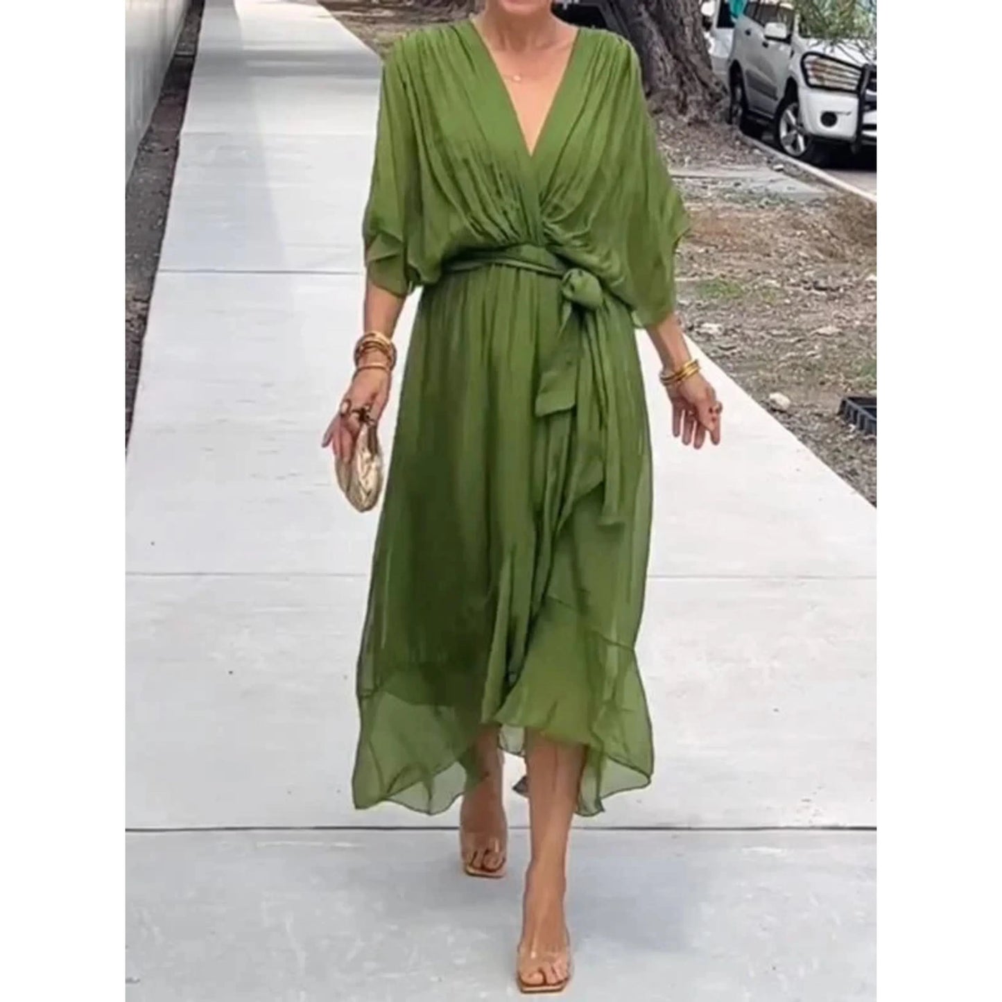 Camila Damen-Midikleid mit V-Ausschnitt und Gürtel 0