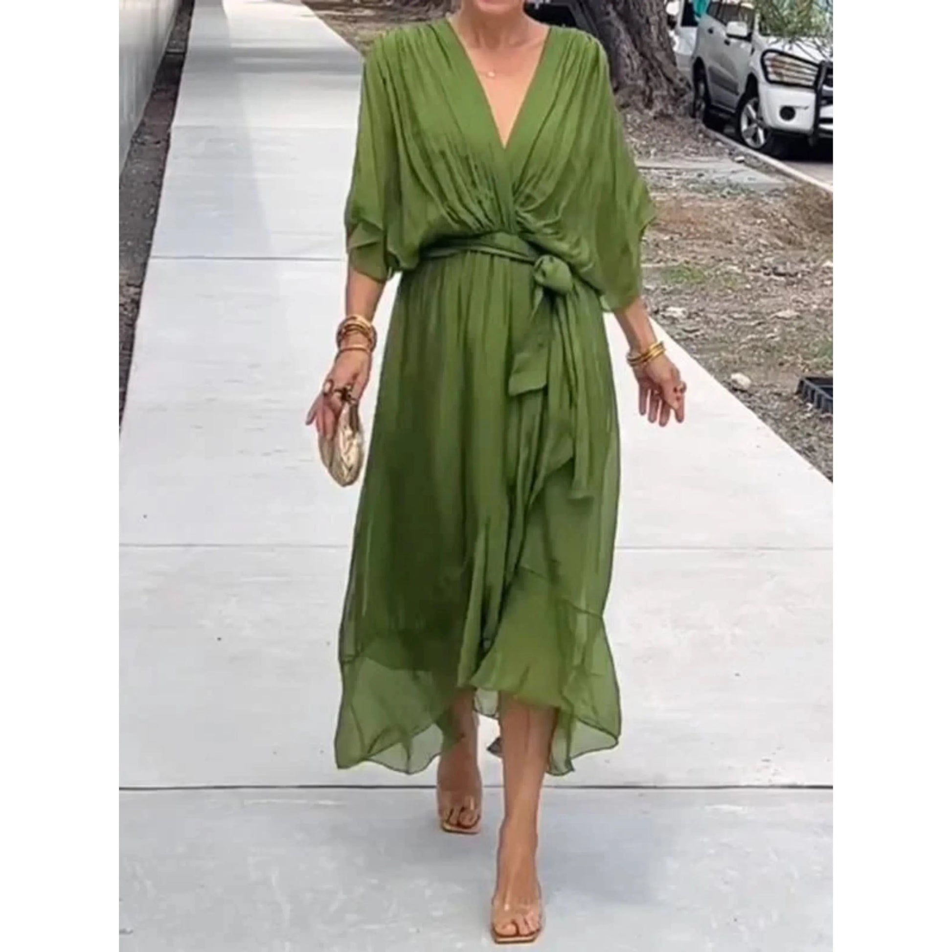 Camila Damen-Midikleid mit V-Ausschnitt und Gürtel 0