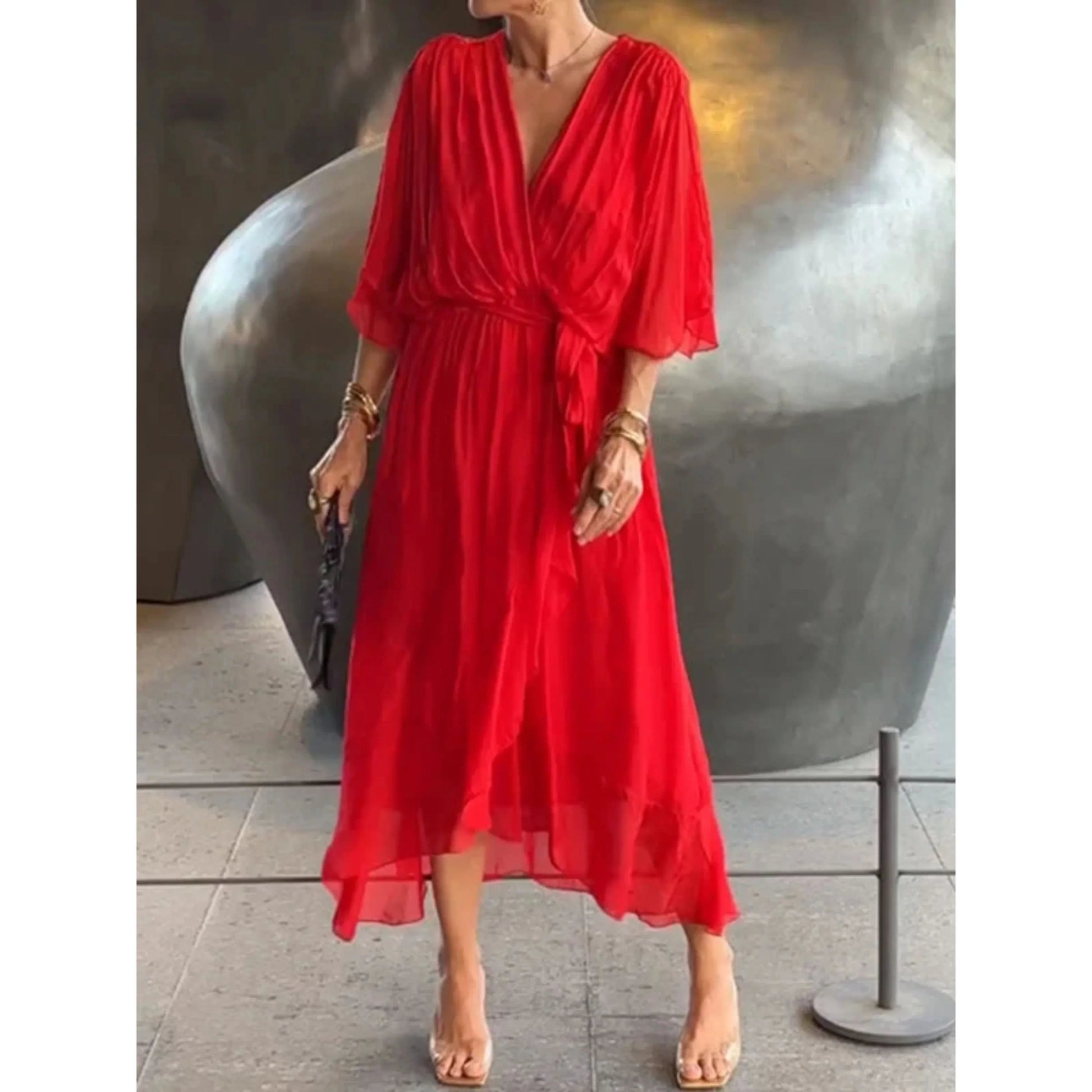 Camila Damen-Midikleid mit V-Ausschnitt und Gürtel 2