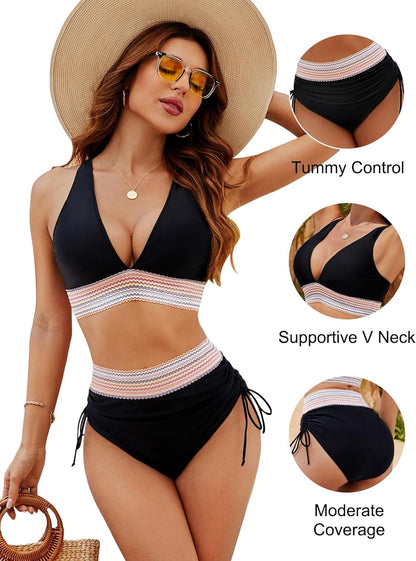 Damen Bikini Set mit V-Ausschnitt | Hoch geschnittene Bikinihose 4
