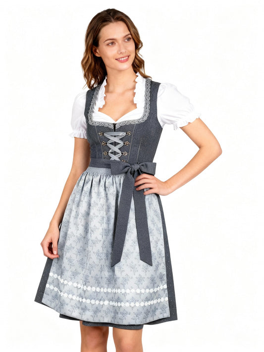 Damen Dirndl Dunkelgrau mit Schürze | Traditionelles Trachtenkleid 0