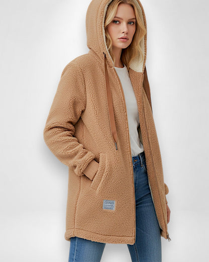 Damen Fleecejacke mit Kapuze und weichem Futter Hüftlang 1
