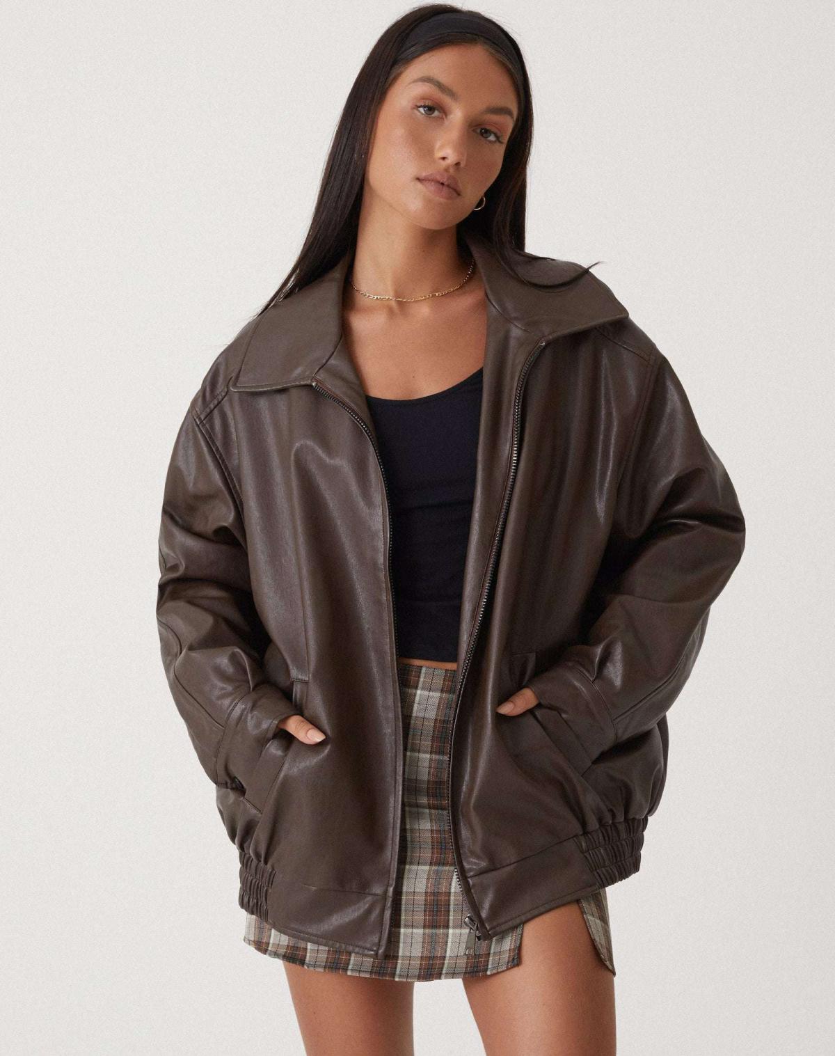 Damen Lederjacke Oversize mit Reißverschluss und Taschen 0