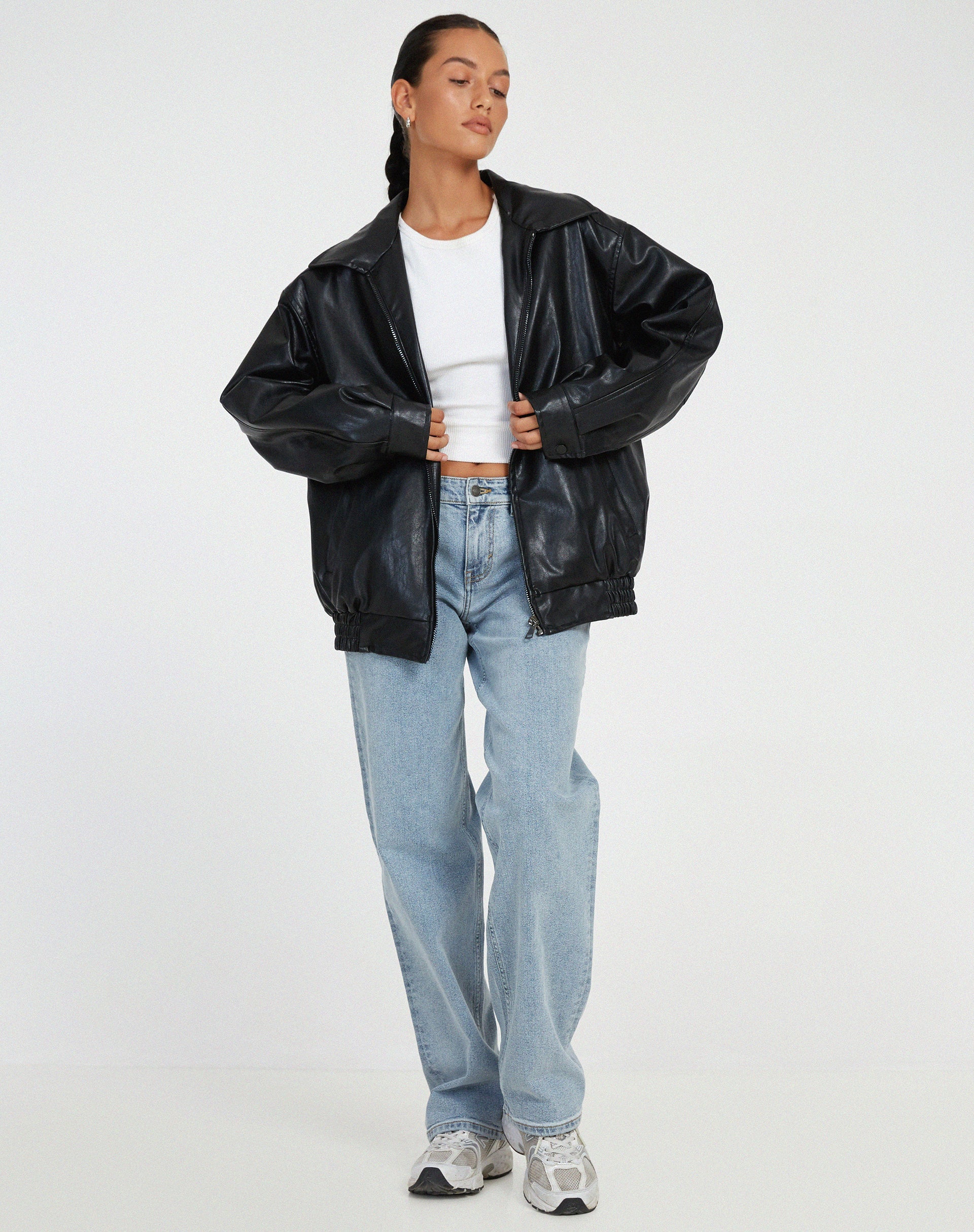 Damen Lederjacke Oversize mit Reißverschluss und Taschen 4