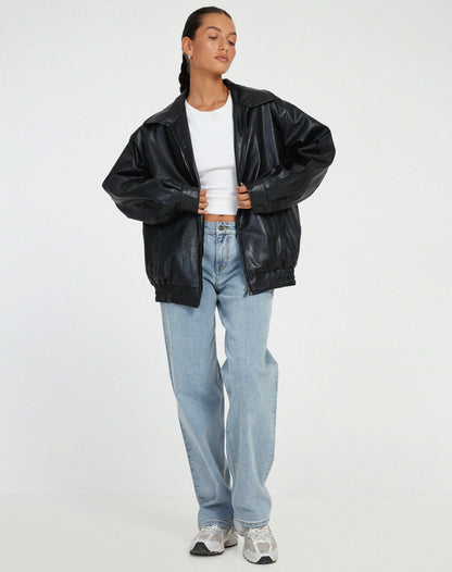 Damen Lederjacke Oversize mit Reißverschluss und Taschen 4