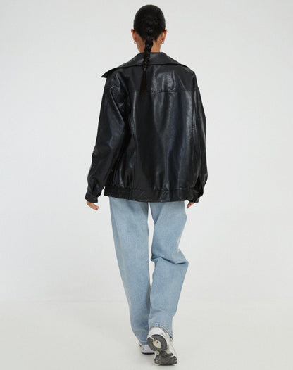 Damen Lederjacke Oversize mit Reißverschluss und Taschen 5