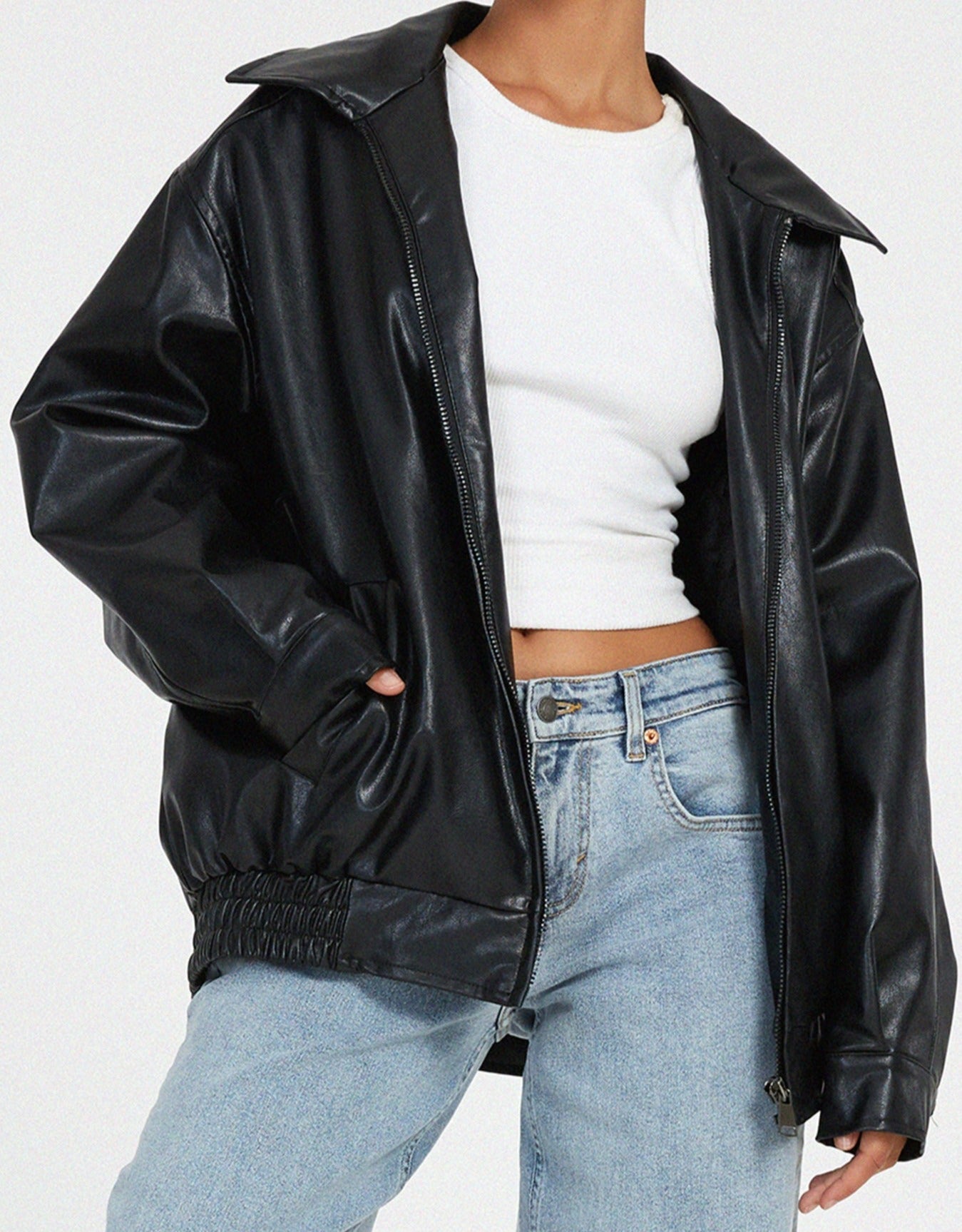 Damen Lederjacke Oversize mit Reißverschluss und Taschen 6