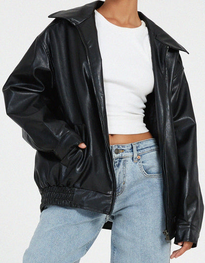 Damen Lederjacke Oversize mit Reißverschluss und Taschen 6
