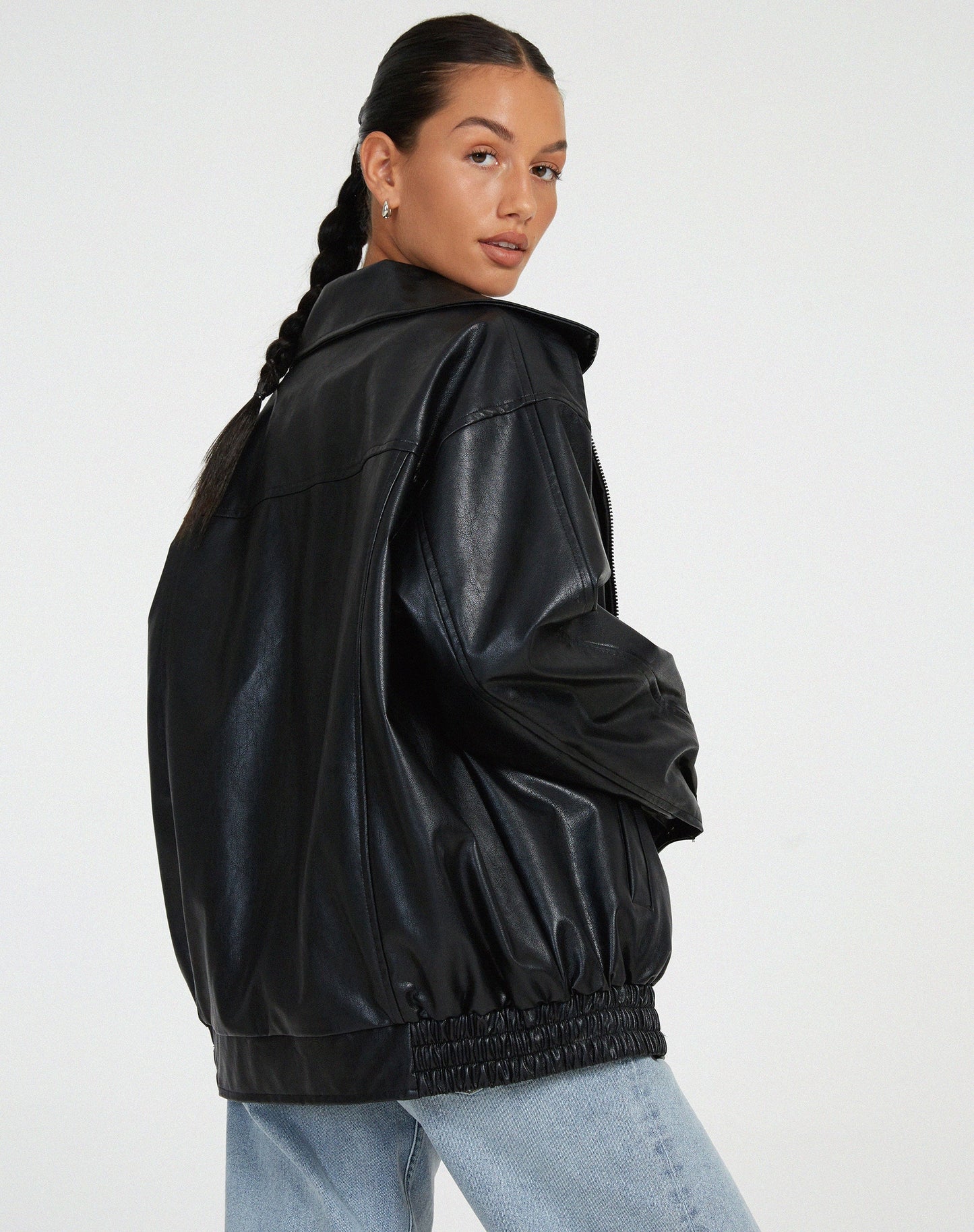 Damen Lederjacke Oversize mit Reißverschluss und Taschen 7