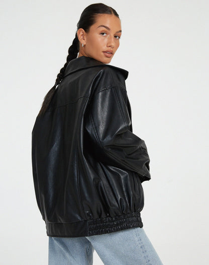 Damen Lederjacke Oversize mit Reißverschluss und Taschen 7