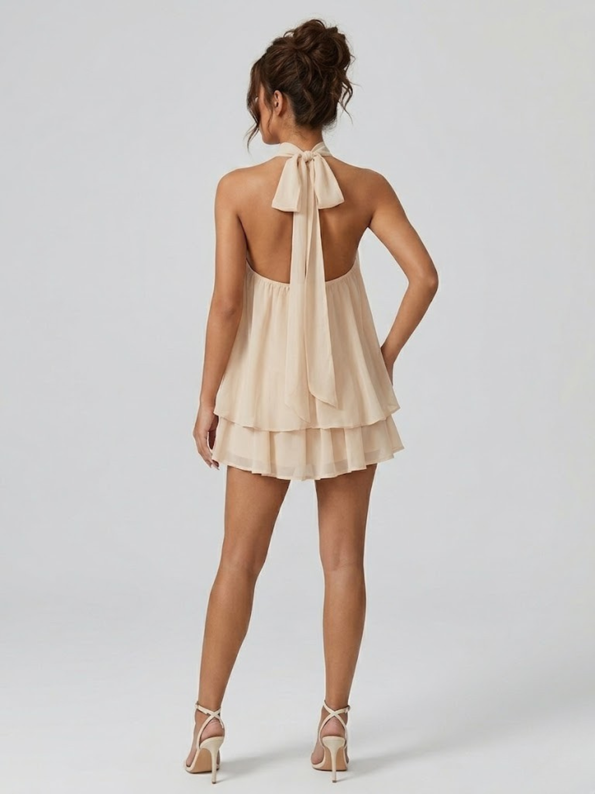 Damenkleid Kurz Stehkragen Neckholder Rückenfrei Rüschen 1
