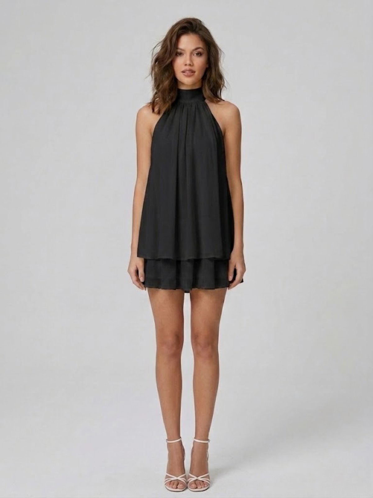 Damenkleid Kurz Stehkragen Neckholder Rückenfrei Rüschen 10