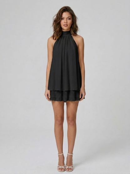 Damenkleid Kurz Stehkragen Neckholder Rückenfrei Rüschen 10