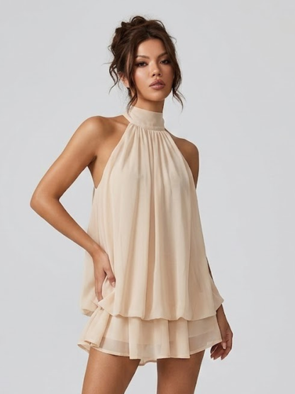 Damenkleid Kurz Stehkragen Neckholder Rückenfrei Rüschen 2