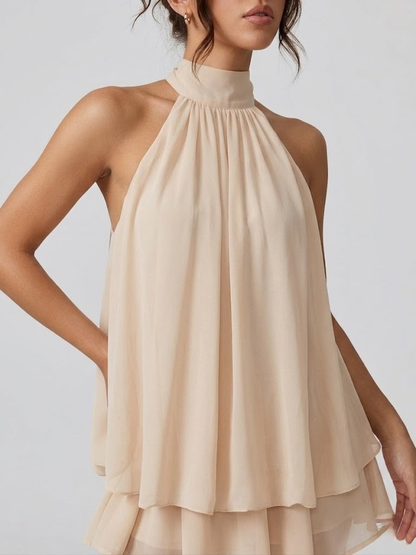 Damenkleid Kurz Stehkragen Neckholder Rückenfrei Rüschen 3