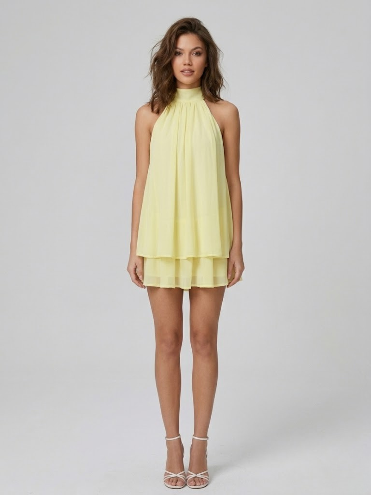 Damenkleid Kurz Stehkragen Neckholder Rückenfrei Rüschen 7