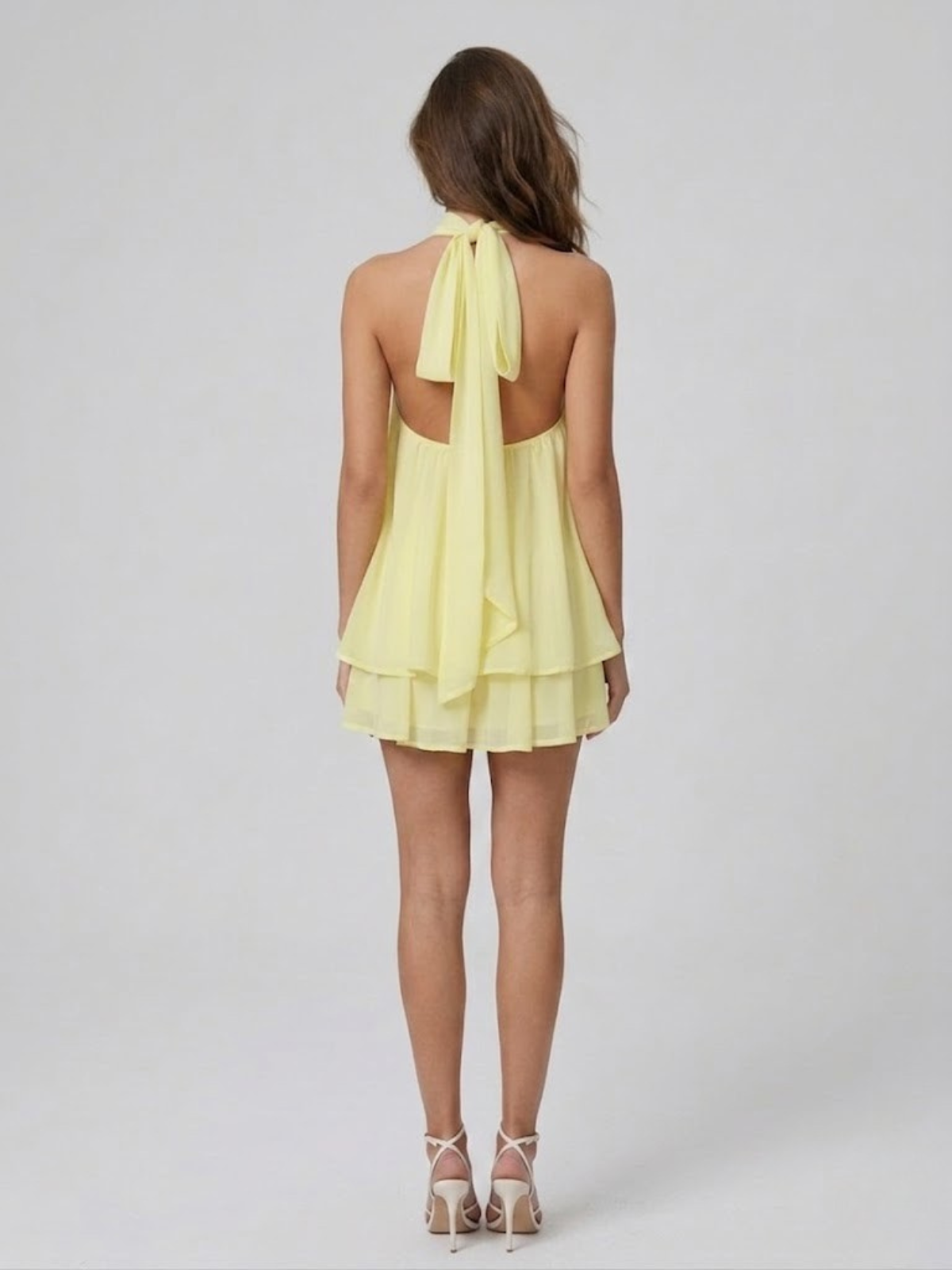 Damenkleid Kurz Stehkragen Neckholder Rückenfrei Rüschen 8