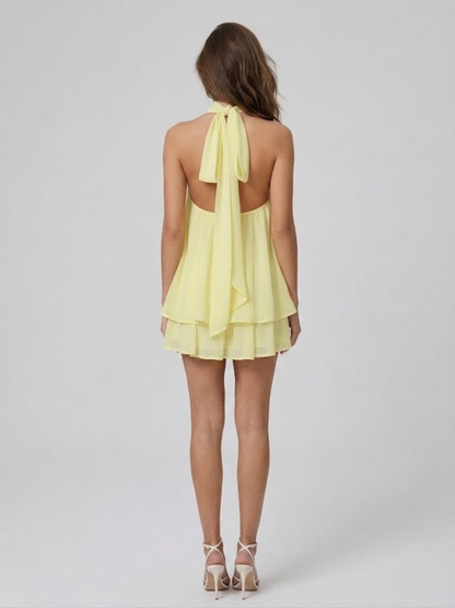 Damenkleid Kurz Stehkragen Neckholder Rückenfrei Rüschen 8