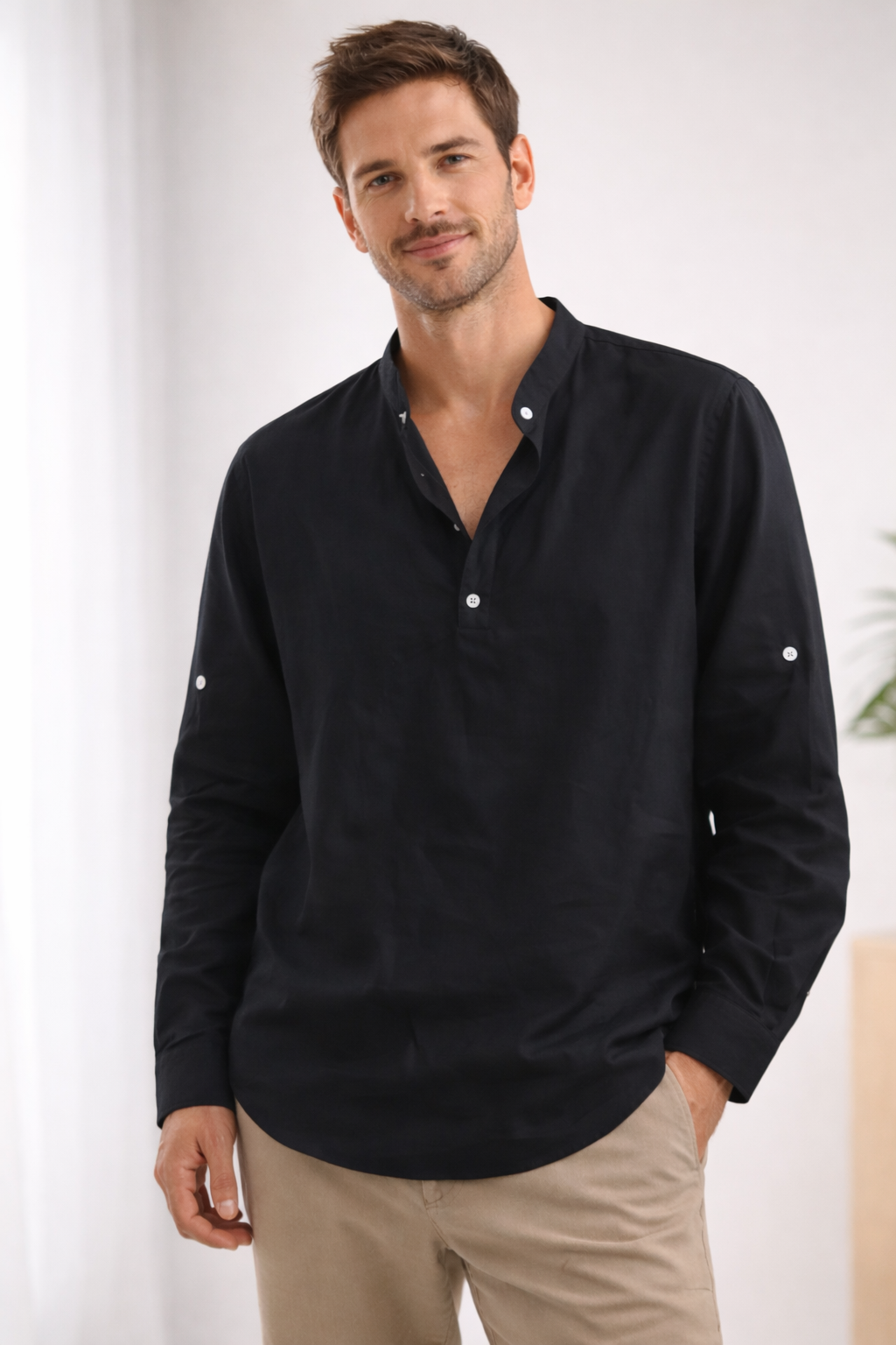 Elegantes Herren Hemd | Langarm Henley mit Bandkragen 3