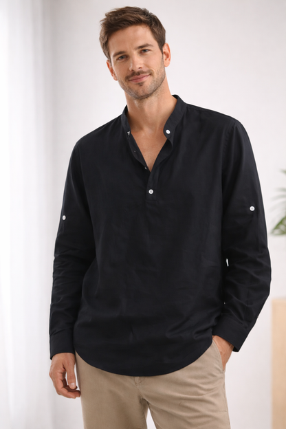 Elegantes Herren Hemd | Langarm Henley mit Bandkragen 3