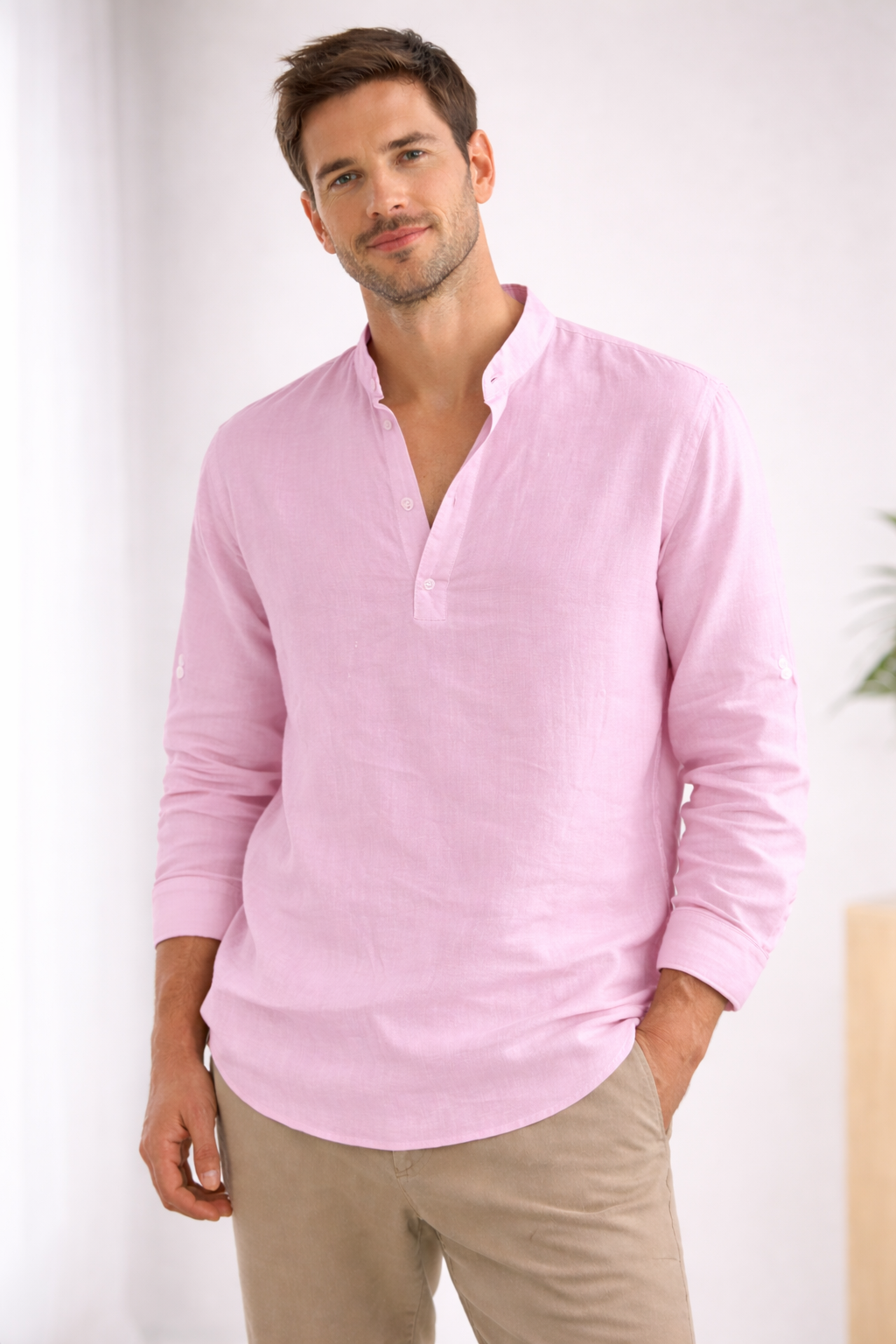 Elegantes Herren Hemd | Langarm Henley mit Bandkragen 4